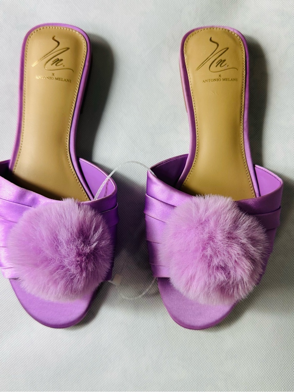 ANTONIO MELANI Lilac Pom-Pom Satin Slide Mules - Picture 7 of 10